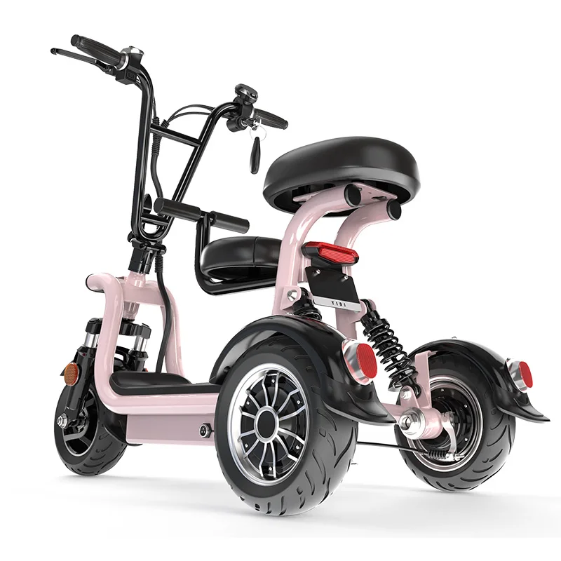 

Three-wheeled electric car new electric tricycle with battery charger adult parent-child travel folding lithium battery, Pink
