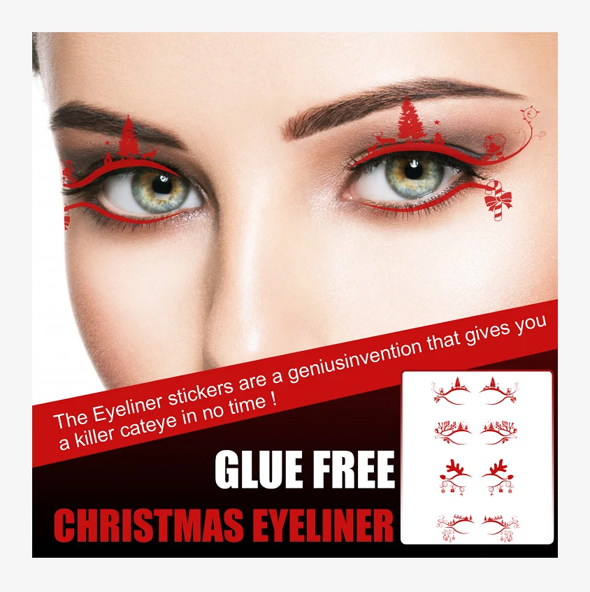 

amazon hot selling Jinsui 4 pairs fake holigrafic holographic christmas eye liner eyeliner sticker with eyelash, 4c printing,