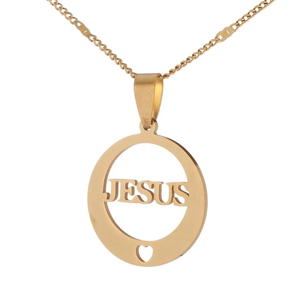 

Stainless Steel Jesus Pendant Necklace Round Jewelry Crucifix Christian Necklaces