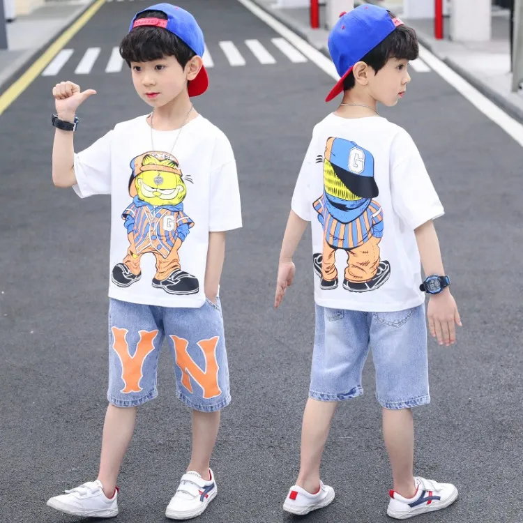 

New style fashion summer Boys cartoon printing short sleeve T shirt and jeans shorts 2 pieces clothing set cool for kids, Picture shows