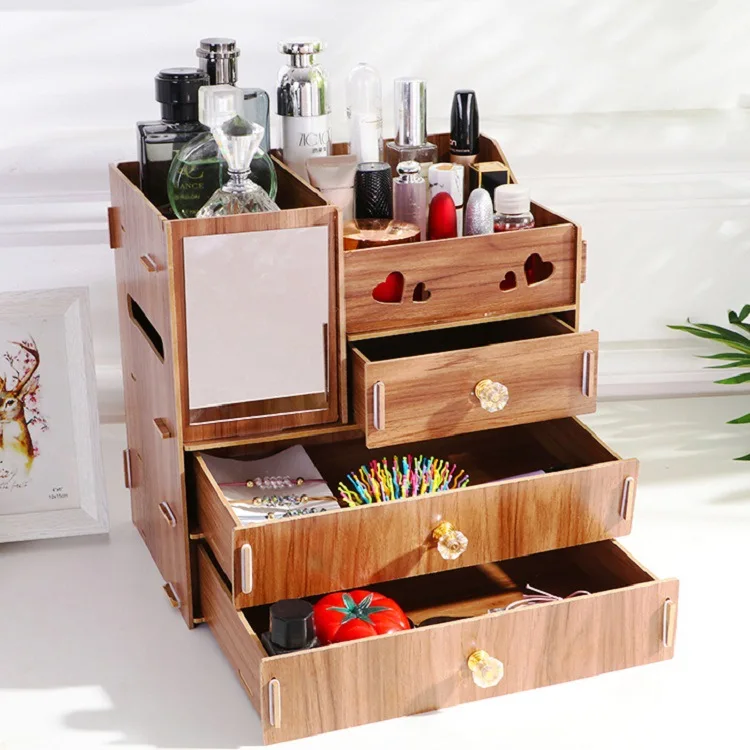 

Wooden Desktop Cosmetic Storage Box Tape Mirror Korean Drawer Finishing Shelf Wooden Storage Box