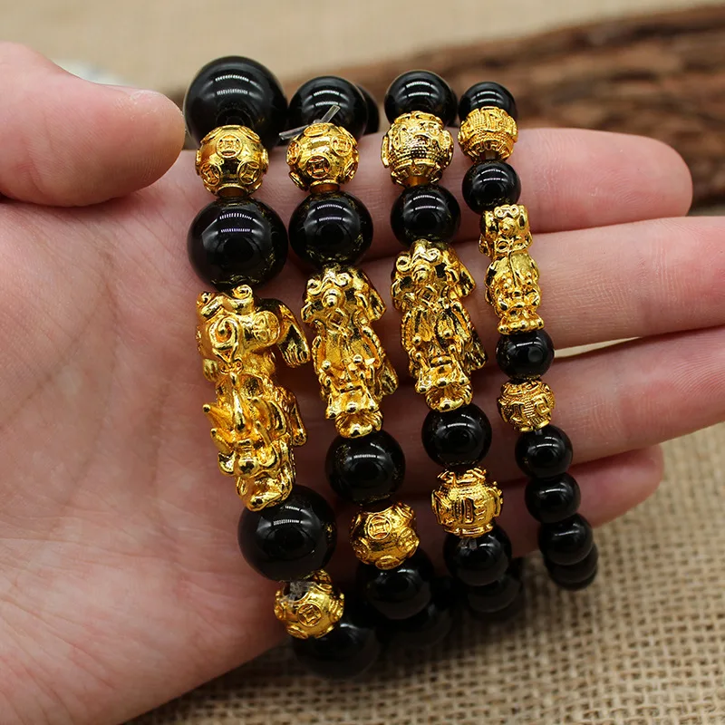 

Men's Obsidian Bead Bracelet Golden Pixiu Feng Shui Lucky Bracelet, Gold
