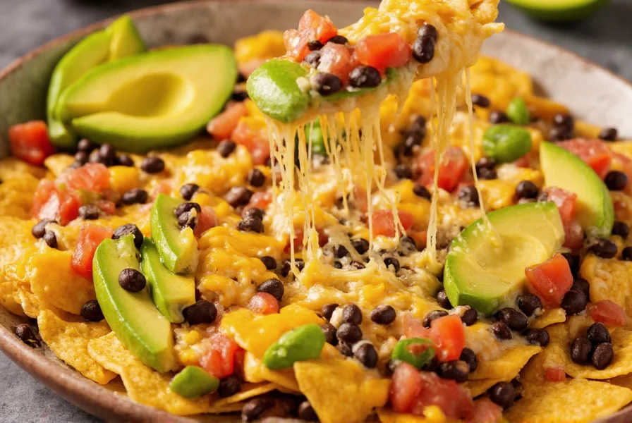 Pepper jack shredded cheese melting on top of nachos with black beans, pico de gallo, and avocado slices