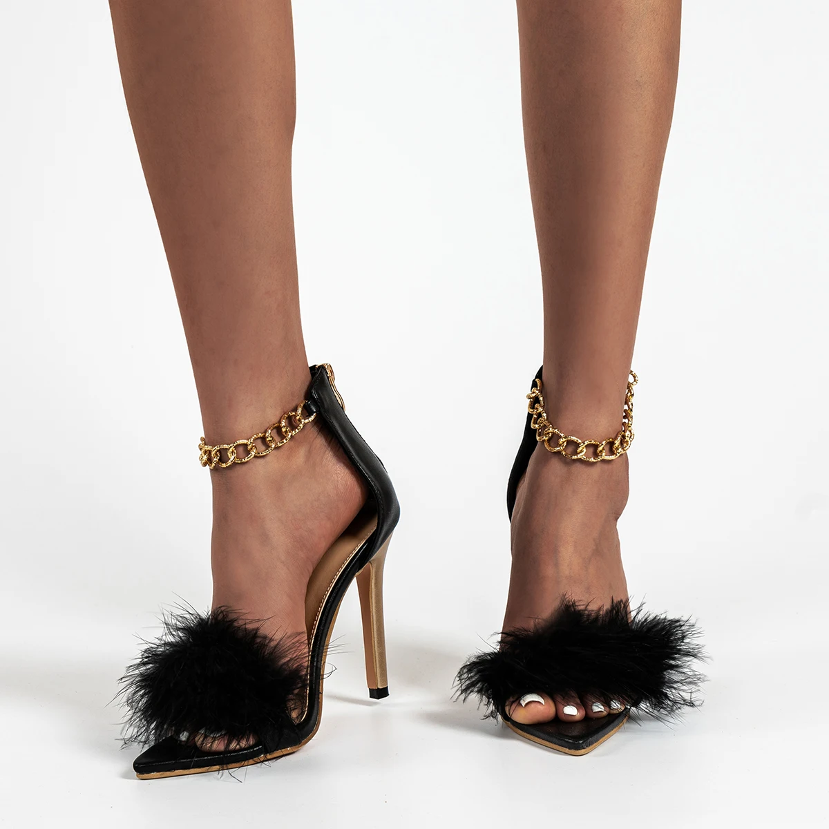 

112872 Gold chain detail fur decor ankle wrap women pumps thin heels pointy peep toe back zipper lady sandals for summer fashion