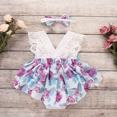 

Infant 2020 new children's sleeveless floral print triangle halo + headgear new born baby clothes baby+rompers