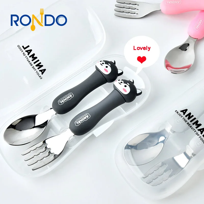 

Creative portable cartoon animal cutlery set elementary kids children stainless steel cutlery cute fork spoon 2 pcs set, Silver