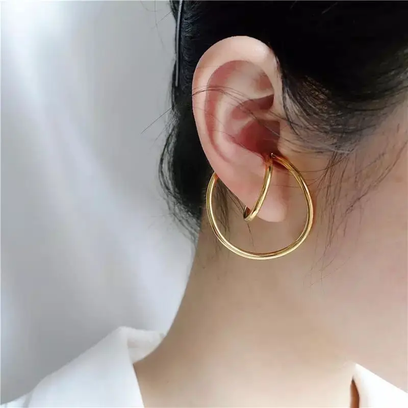 

Amazon Hot Selling Gold Jewelry Round Dangling Earrings Non Pierced Double Circle Cuff Earrings