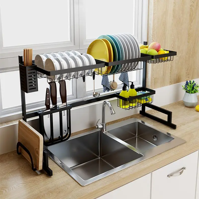

CHRT Over the Sink Dish Drying Rack Adjustable Stainless 2-Tier Dish Dryer Rack for Kitchen Organizer, Black