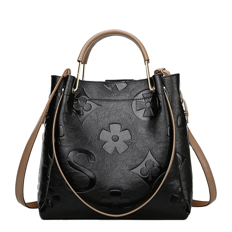 

Vintage floral pattern handbag ladies genuine leather classic black casual handbag office lady bag large-capacity famous brand