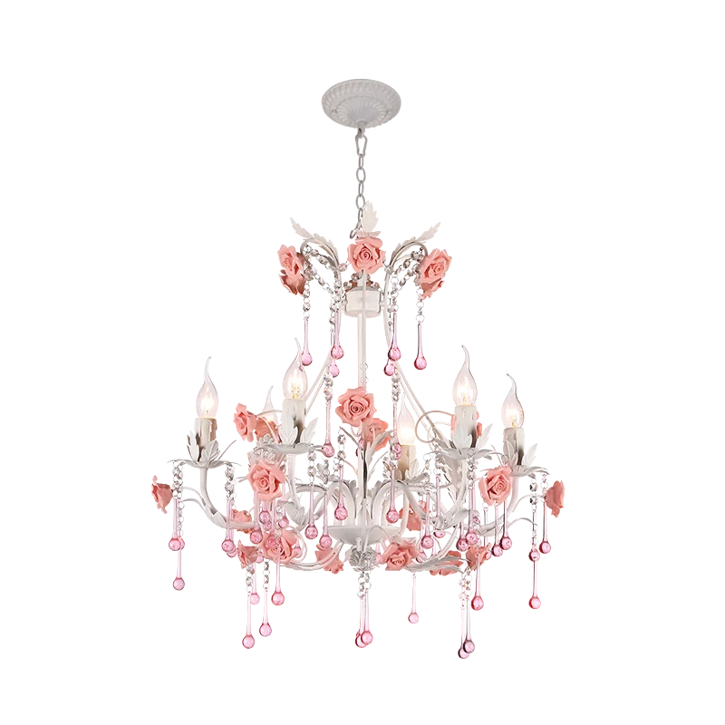 Wrought Iron Candle Ceramic Flower Home Lobby Entryway Bedroom LED Crystal Lamp Chandelier Pendant Light