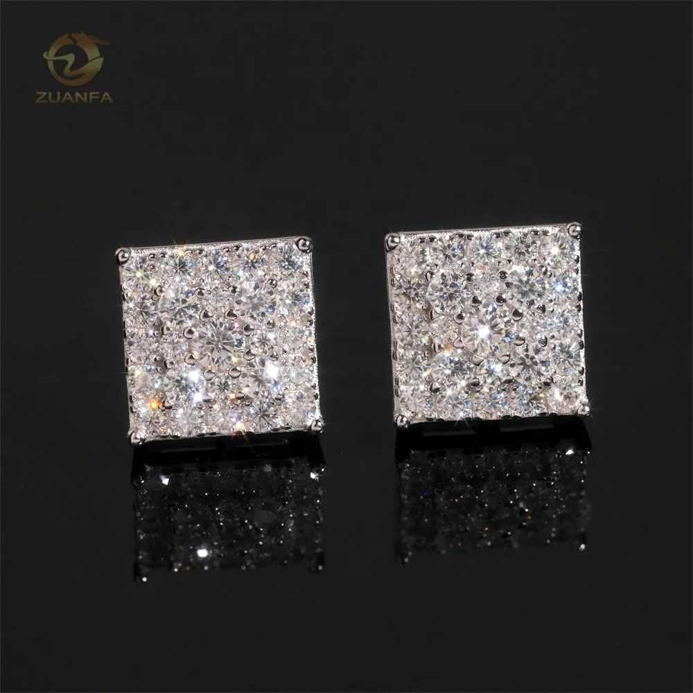 Iced Out Fashion Square Stud Moissanite Diamond Hip Hop 925 Sterling Silver Jewellery Earrings