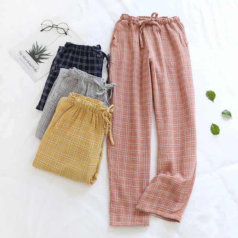 

Japanese new spring and autumn couples cotton crepe cloth plaid trousers men and women large size home pants simple casual pants, Picture shows