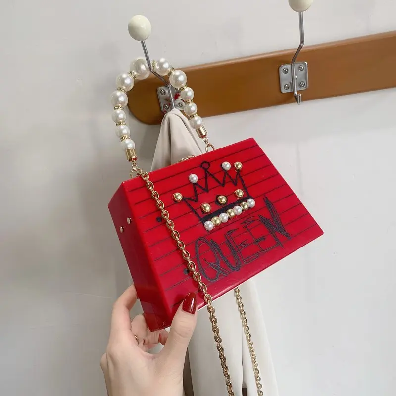 

2021 new arrivial luxury cartoons print mini evening party chain beaded bag purse acrylic box clutch with pearl handle, 7colors