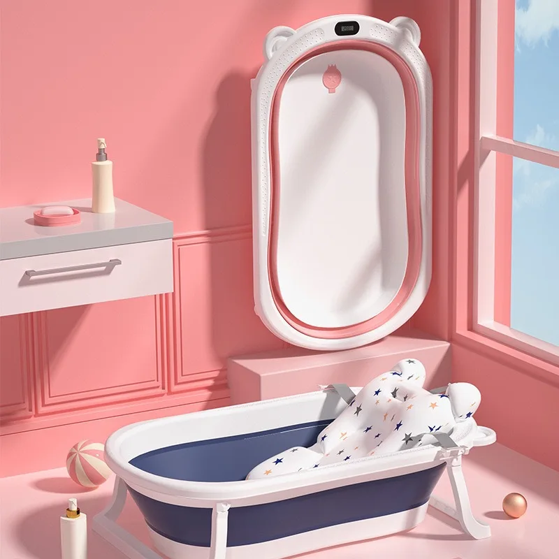 

2021 Newest Plastic Baby Bath Tub Foldable Bathtub Bathtubs with Bath Shampoo Chair Seat Thermometer Sticker