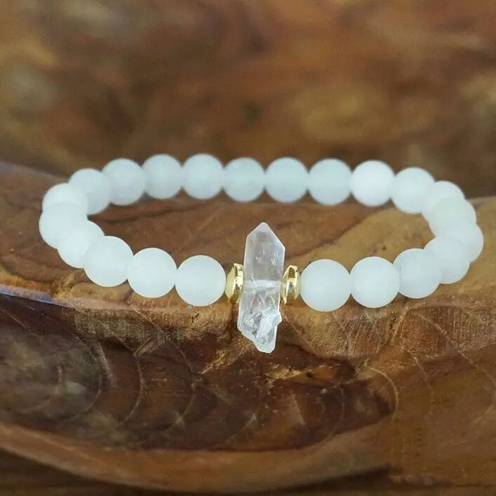 

LS-E1150 Clear quartz crystal charm bracelet with white gemstone beads, handmade amazing gemstone bracelet