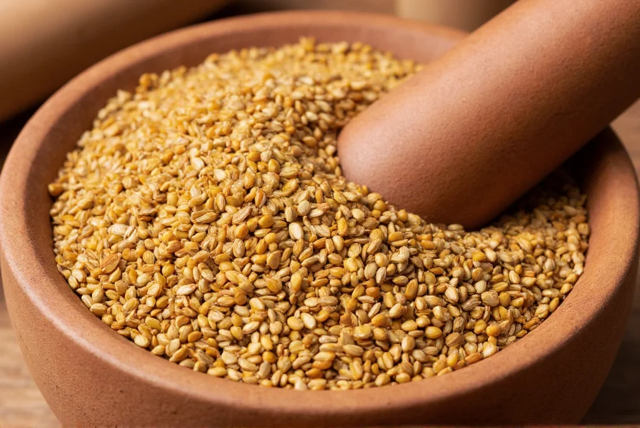 Close-up of golden brown coriander seeds in a wooden spice bowl with mortar and pestle