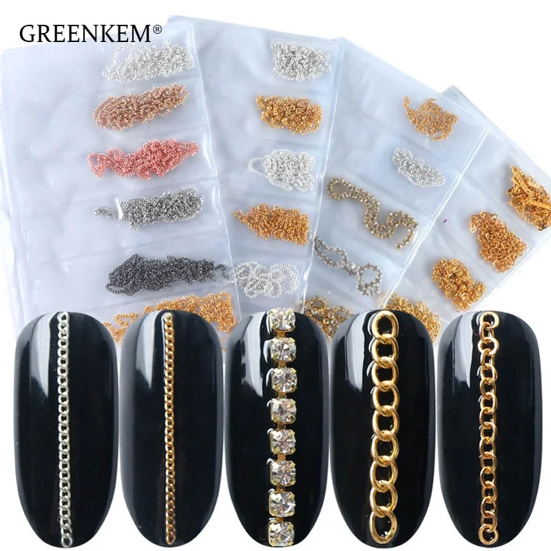 

GREENKEM Gold Silver UV Gel Polish Manicure DIY Charms Salon Metal Chain Fashion Crystal Stud Nail Art Decorations, Picture