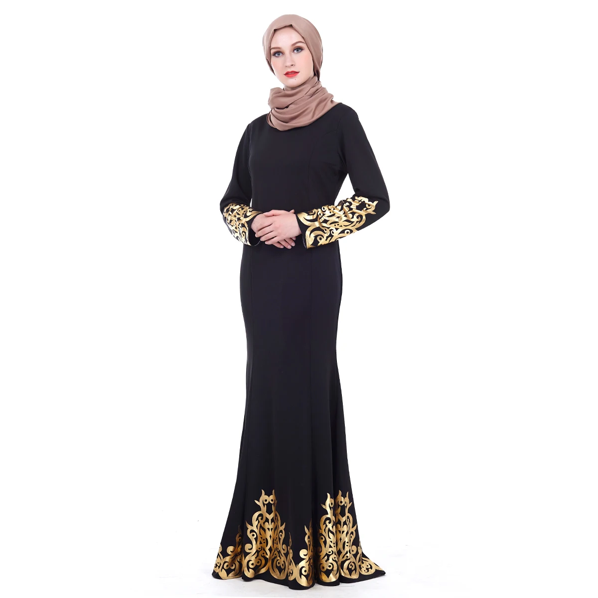 

New Muslim robe classic loose gilded dress abaya in stock Bronzing material malaysia muslim lace dress