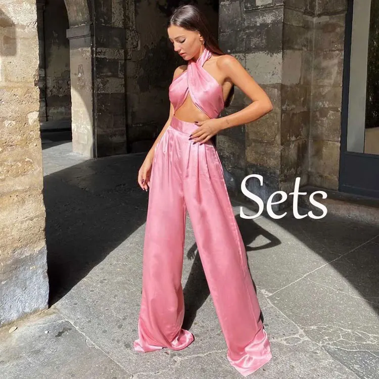 

2021 Chic Multicolor Two Piece Halter Tank Top Palazzo Pants Set Fashion High Street Satin Women 2 Piece Set, Colorful