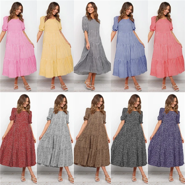 

2021 Summer New Products Puff Sleeves Dresses Plaid Polka Dot Stitching Loose Dress, Picture color