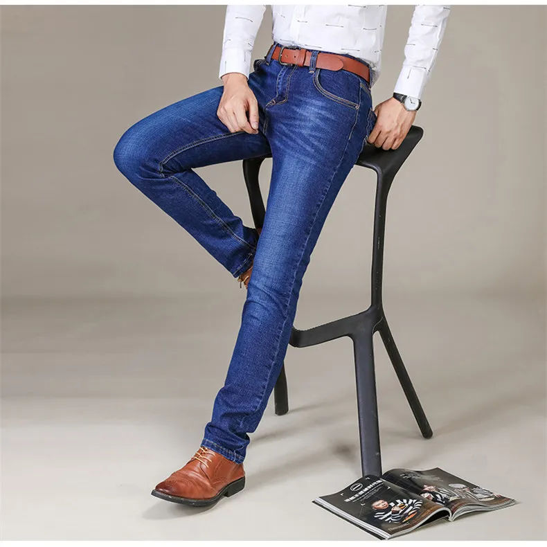 

Brand 2019 New Men's Slim Elastic Jeans Fashion Business Classic Style Skinny Jeans Denim Pants Trousers Male 102, Blue/black