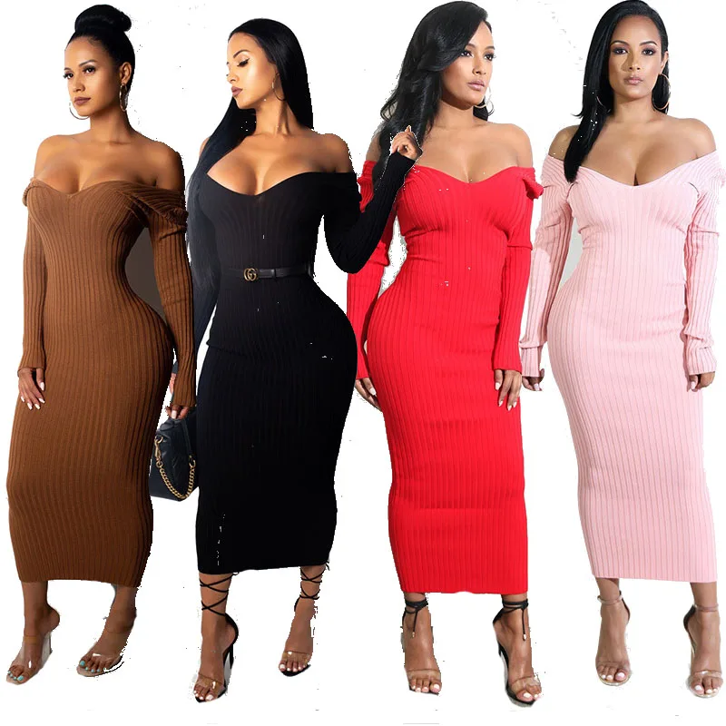 

Fashion Sexy Fall Winter Women Lady Elegant V Neck Long Sleeve Bodycon Casual Dresses, Black,white,brown,red