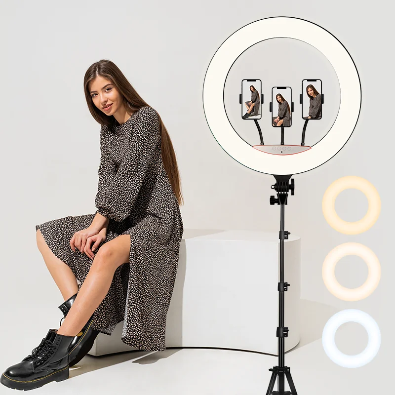 

Kytuwy  photographic ringlight 3 phone holders custom video 22inch lamp selfie led ring fill light with tripod stand, Tricolor