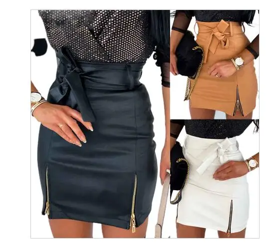 

F21738A 2021 Sexy High Waist Pu Leather Skirt Women Bodycon Dress Casual Streetwear Short Mini Pencil Skirts, Black, white, khika