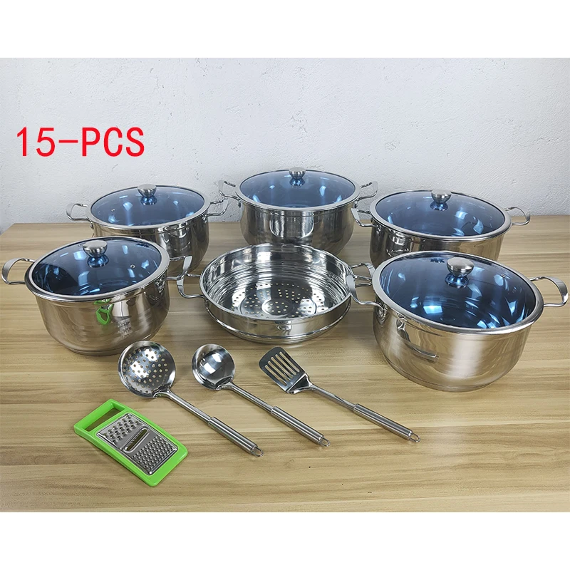 

15pcs Cookware set hot sale best price manufacturer Stainless Steel pots and pans Sets Logo custom OEM nonstick cooking set, Customized color