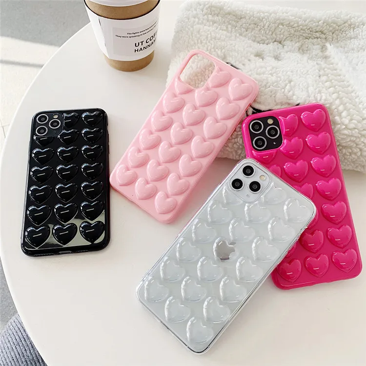 

3D Love Heart Candy Color Phone Case for iPhone 13 12 11 Pro Max XS Max XR 8Plus Soft Silicon Back Cover, 5 colors