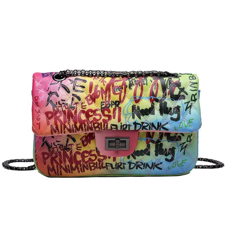 

Wholesale pu graffiti street chain shoulder messenger bag sac a main 2021 trendy casual handbag purses for women