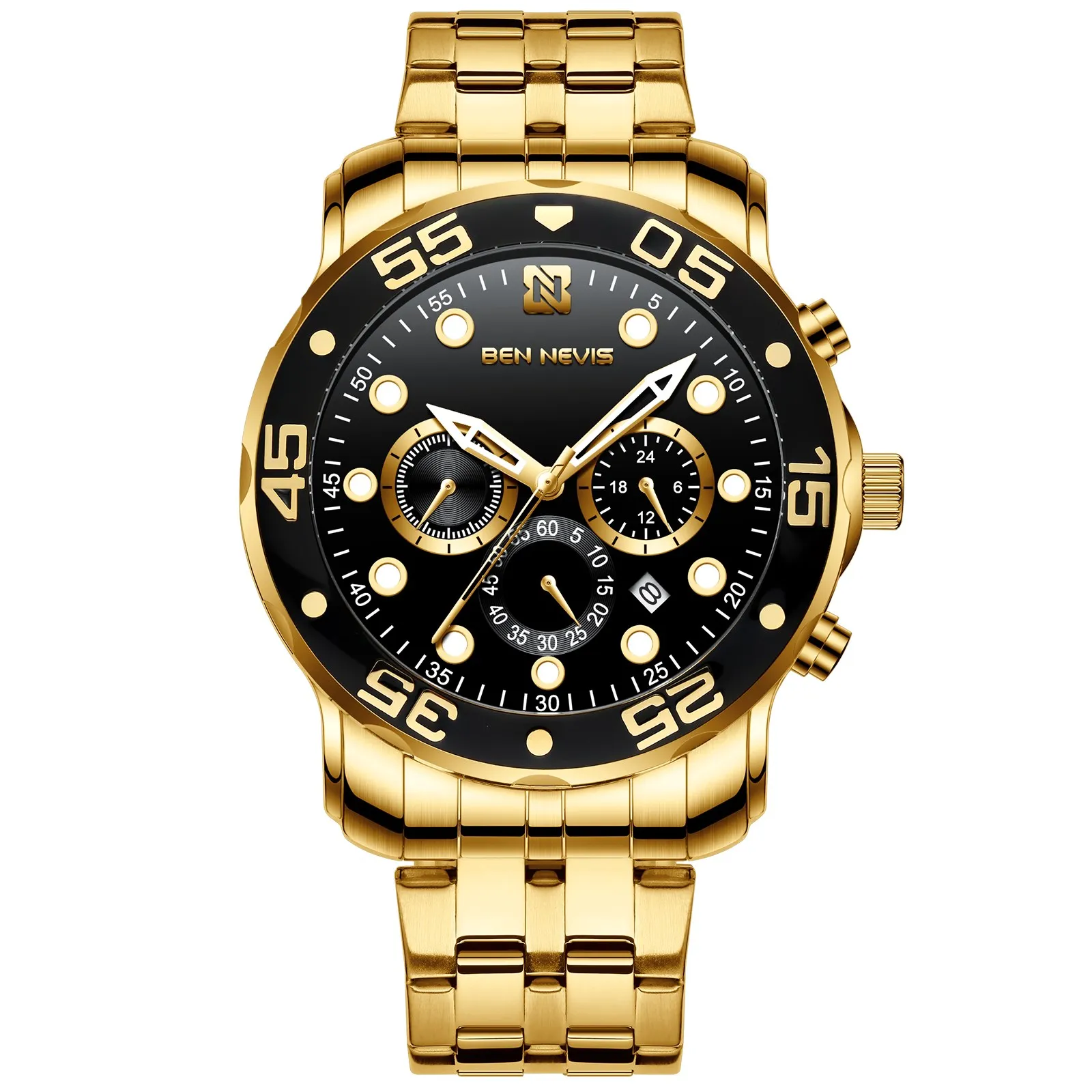 

2021New Design Hot Sell Gold Fashion Oem Custom Logo Men Quartz Wrist Watches Multifunction Luminous Steel Band Reloj De Hombre, 2 colors