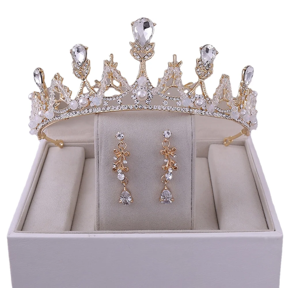 

Popular Elegant Bridal Accessories Set Pearl Crystal Handmade Bridal Crown Earrings Jewelry Set For Women