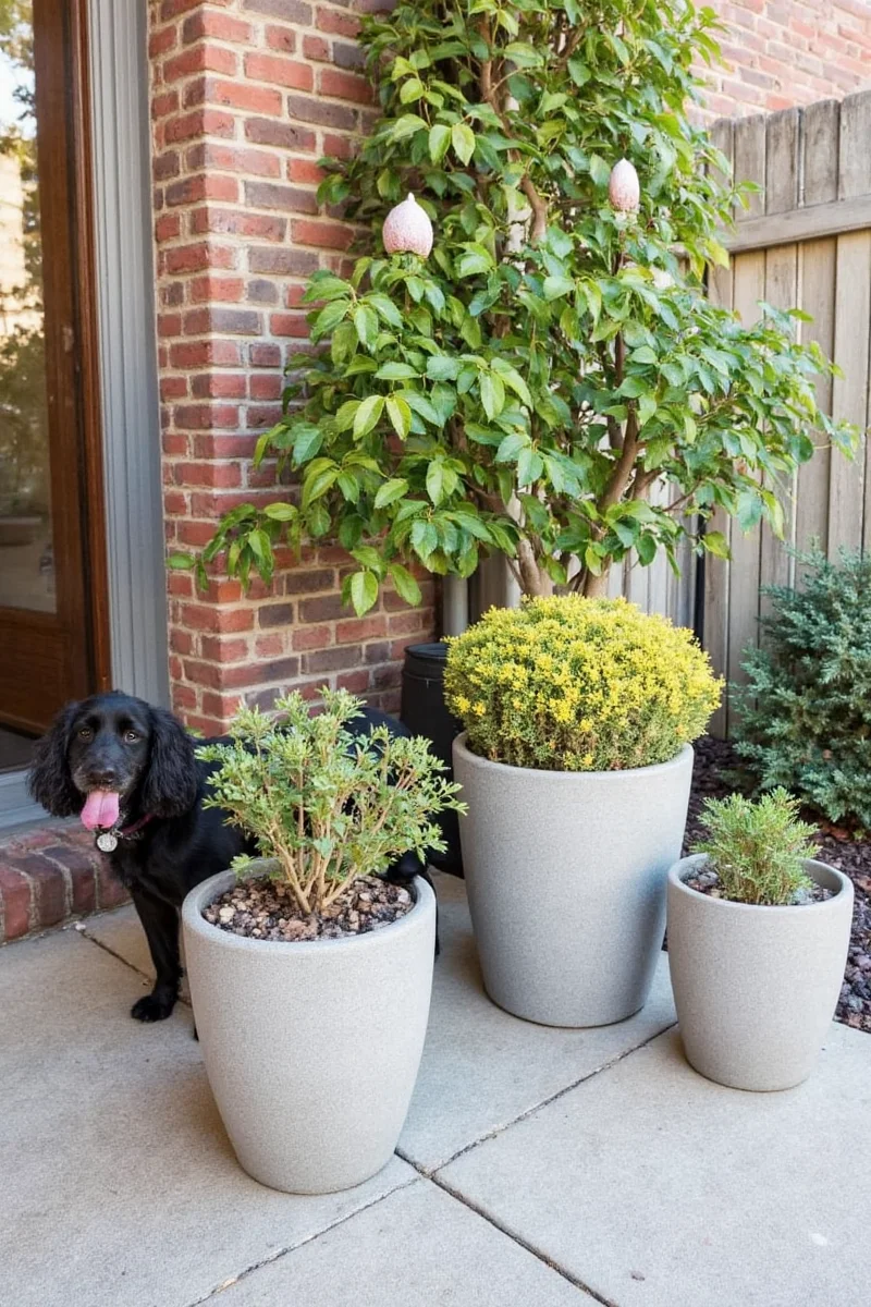 Golden retriever trying to push over a resin 24 inch planter pot. The pot remains upright due to its wide base and heavy material.