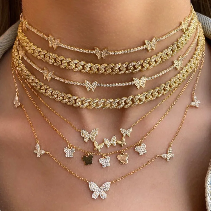 

18k Gold Plated Brass Link Zircon Pendant Women Chain Butterfly Necklace