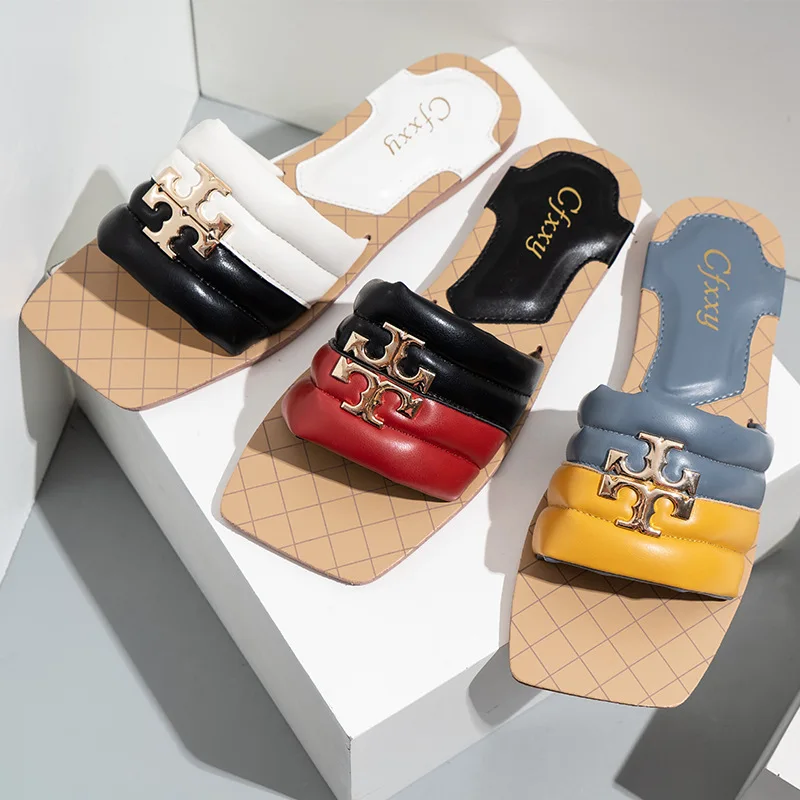 

Fall New Style Square Head Patchwork Color Flat Heel Slippers Fashion Women's Sandals Casual Flat Sandals For Women And Ladies, Picture