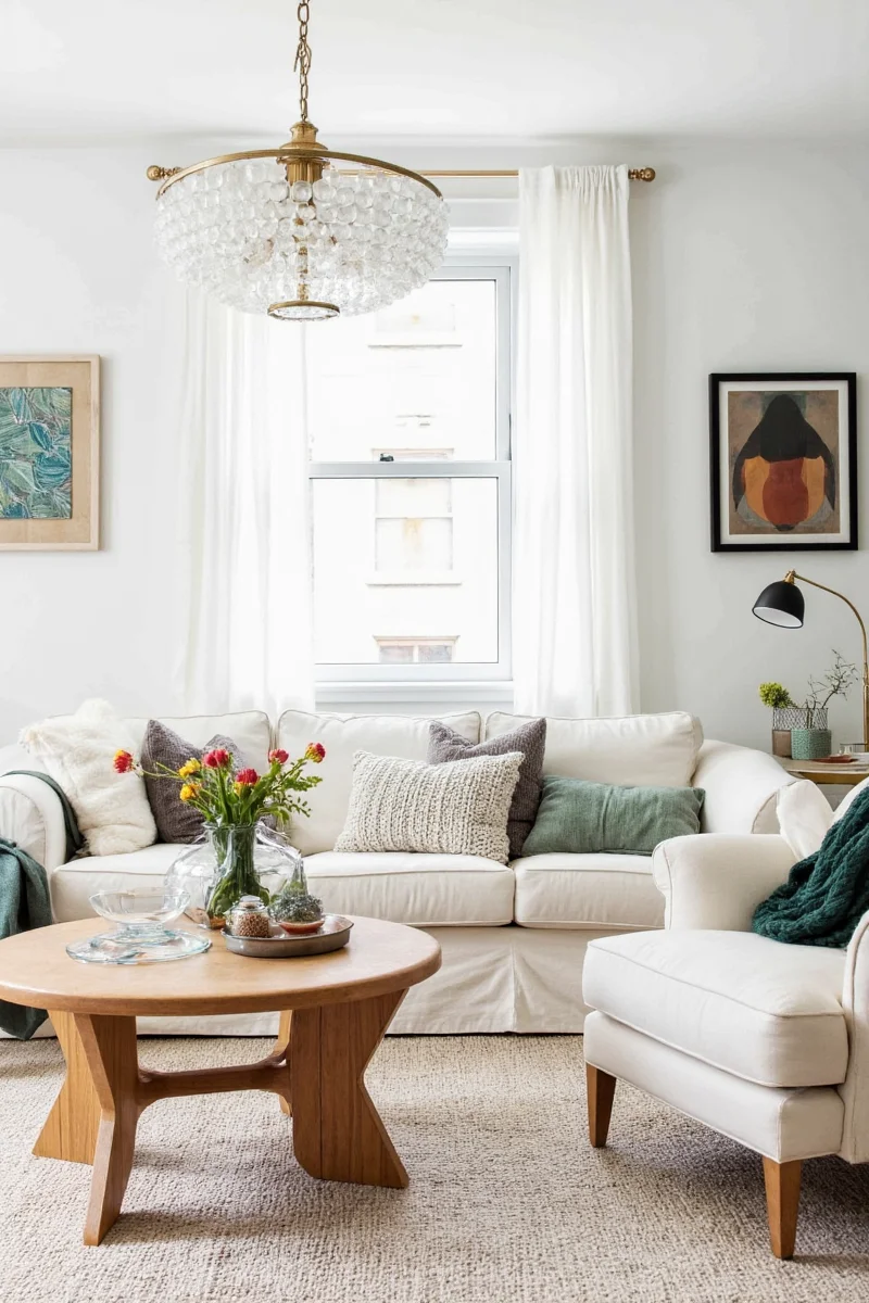 Living room with houseplants, natural wood furniture, and earthy tones.