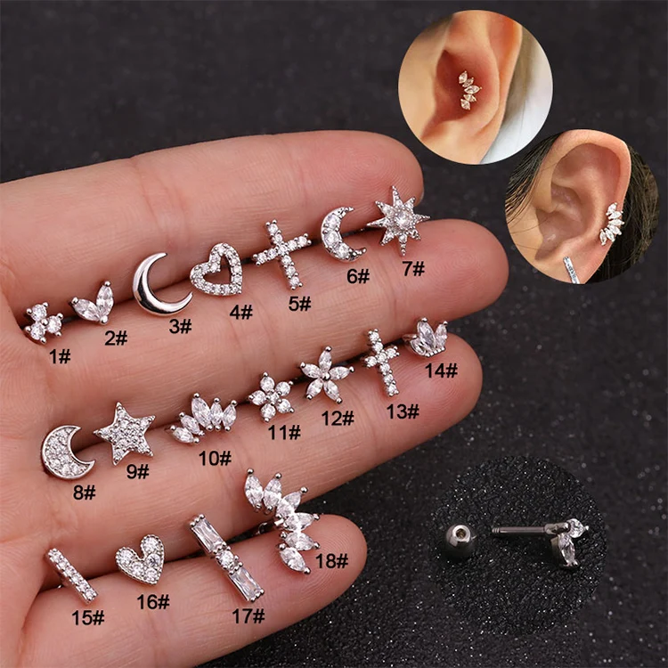 

Stainless Steel Ear Bone Nails Copper inlaid Zircon Top Screw Stud Earrings Women's Earrings Piercing Jewelry