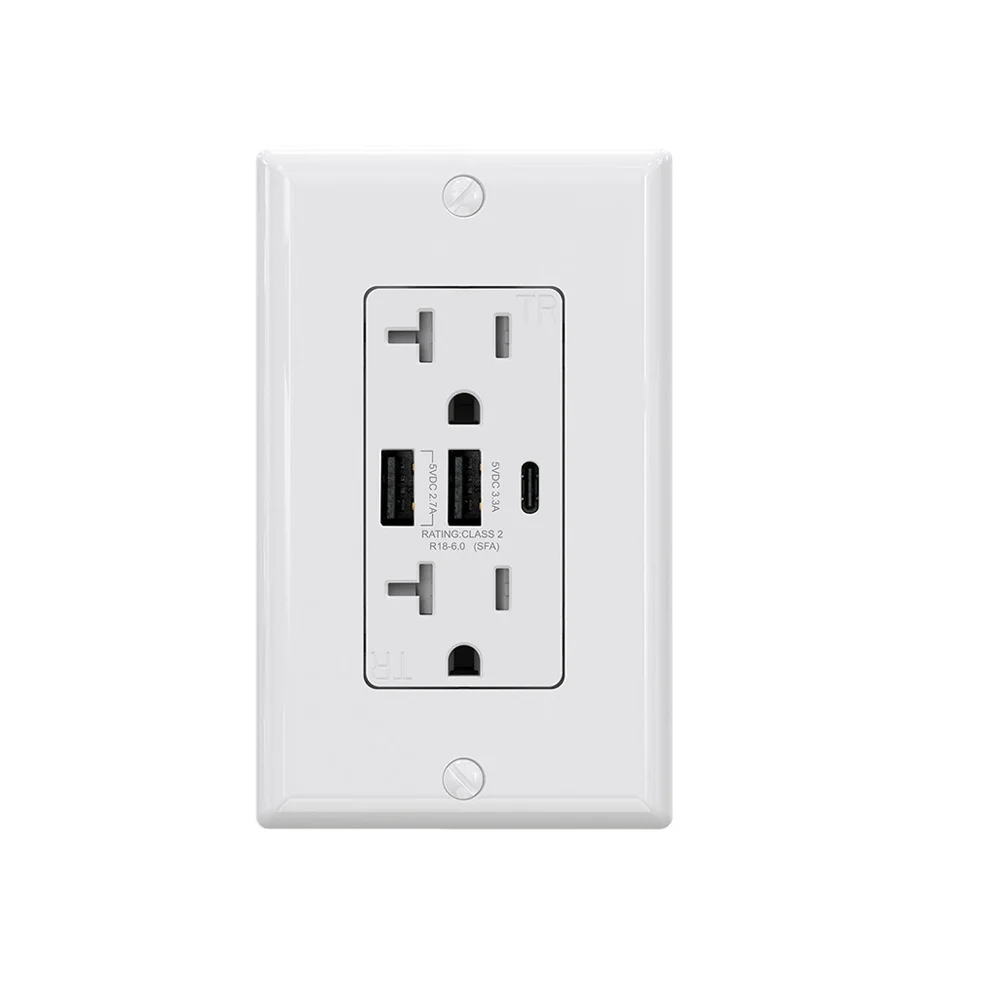 

Dual USB-A&USB-C 20A wall mounted socket ul listed 30W 6.0amp 3port usb wall outlet with Smart Chip for america