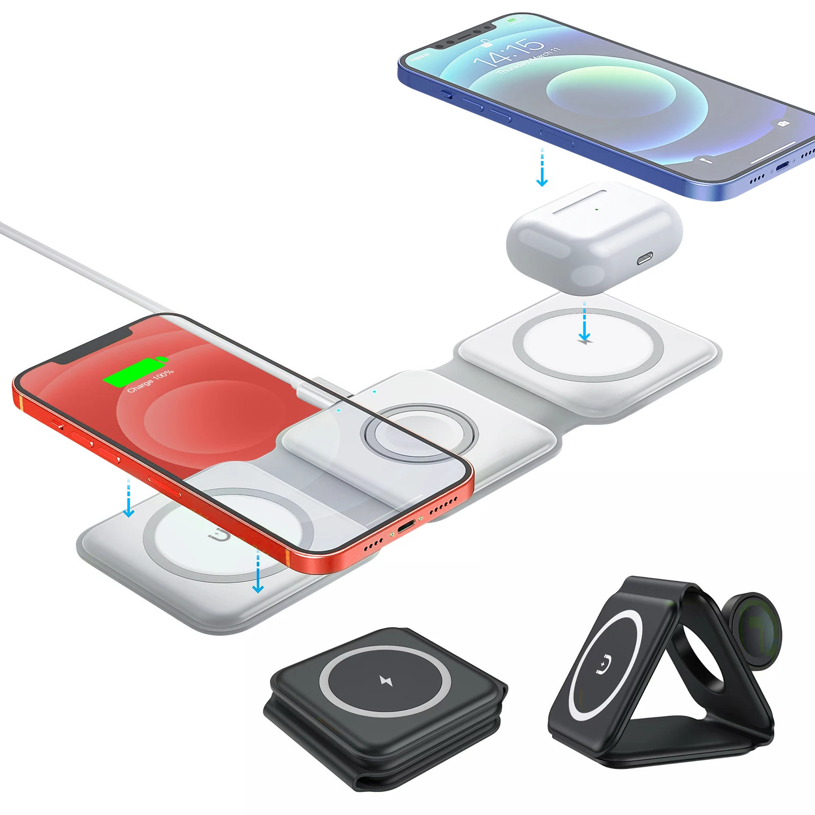 

3 in 1 Magnetic Foldable Desk Phone Charger 10W 15W Quick Charging Wireless Charger, White