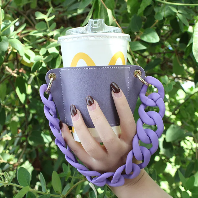 

REUSABLE leather Coffee Cup Sleeve holder with handle alloy big acrylic chain strap, Customized
