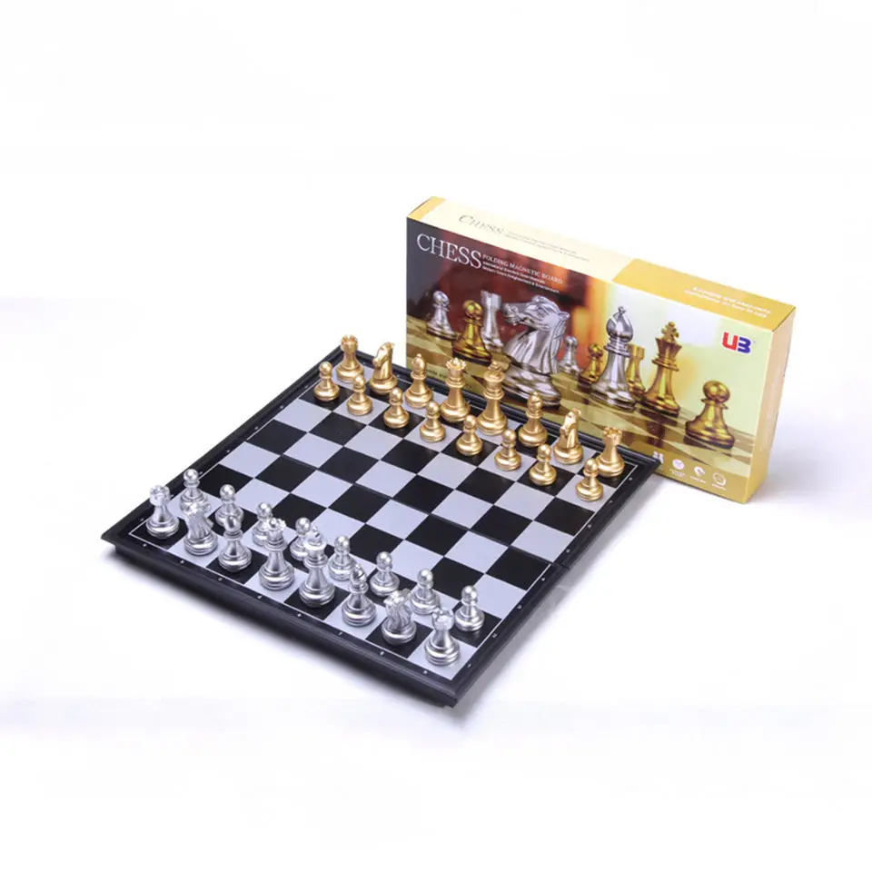 

Factory direct sale Plastic ABS Gold Silver tournament chess set pieces32*32*2cm Folding Middle Magnetic Chess set plastic