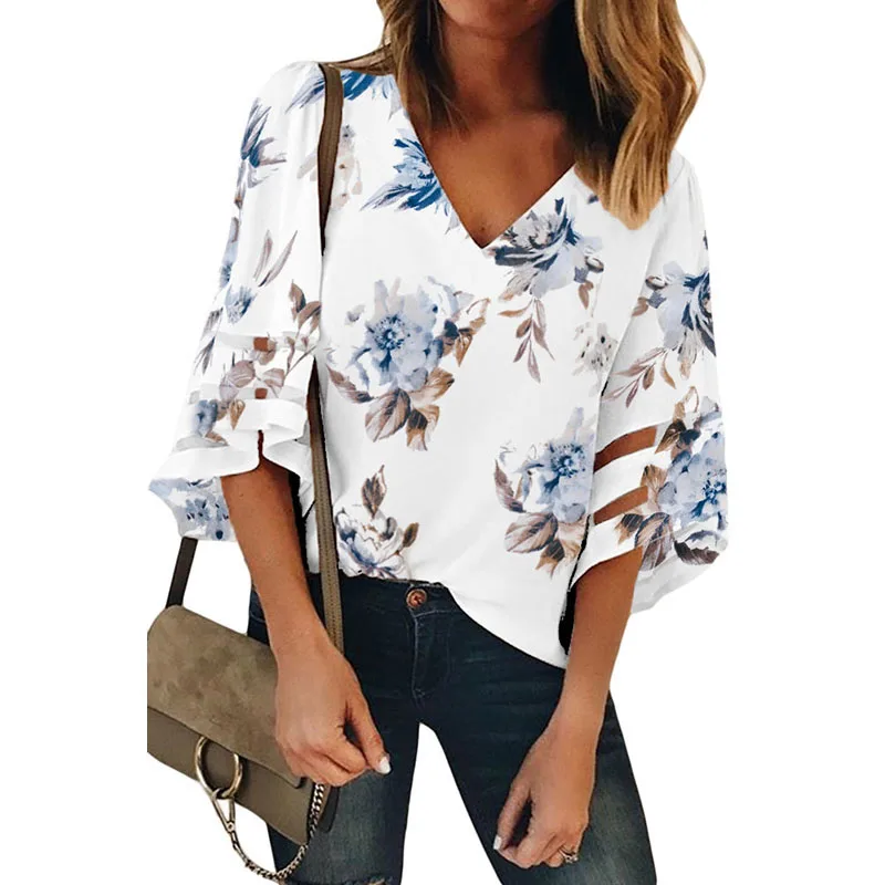 

Latest Design Tops For Women White 3/4 Flared Sleeve Floral Blouse Ladies