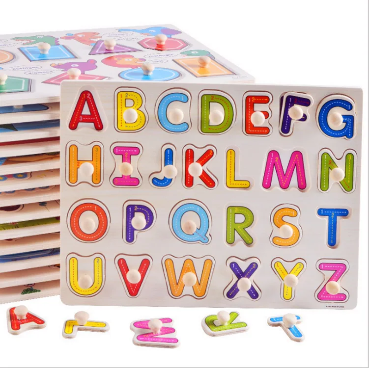 Wooden Hand Grasp Capital Alphabet Jigsaw Puzzles Early Education Cartoon Animal Number Figures Games Toys for Kids Boys Girls
