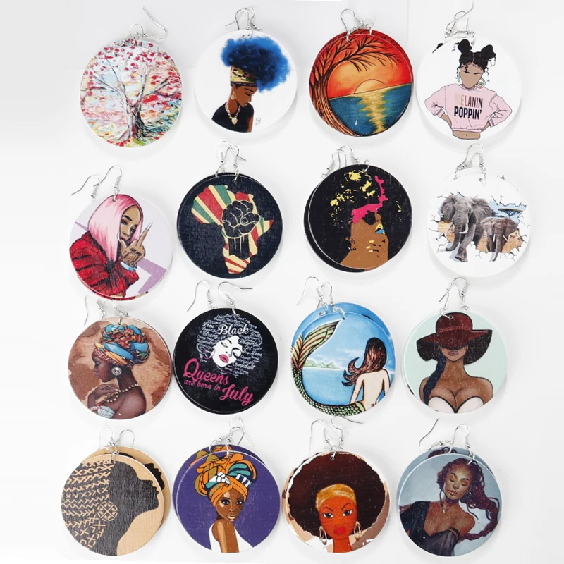 

Wholesale Fashion Vintage Painted Africa Wooden Drop Earrings Colorful Round Wood Earring For Girls