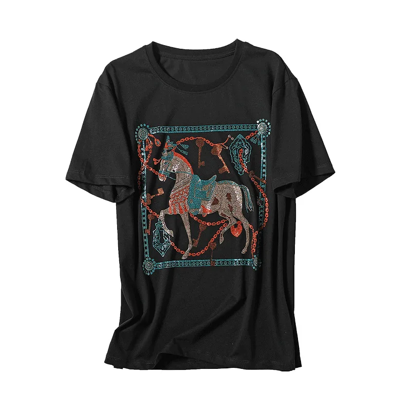 

2021 New Summer Women Hot Diamond Horse Printed Black and White Short Sleeve O Neck Cotton Women's T-shirt Fashion Loose Tops