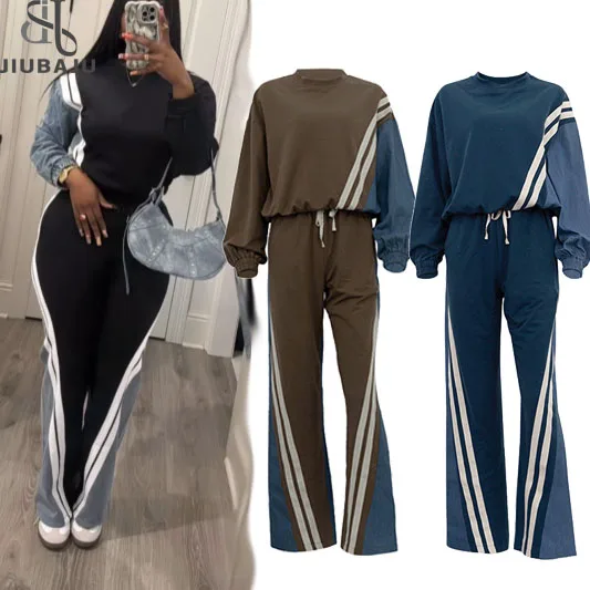 Sweatshirt and Sweatpants Two Piece Striped Long Sleeve Color Patchwork Loose Drawstring Pant Casual 2 Piece Outfits