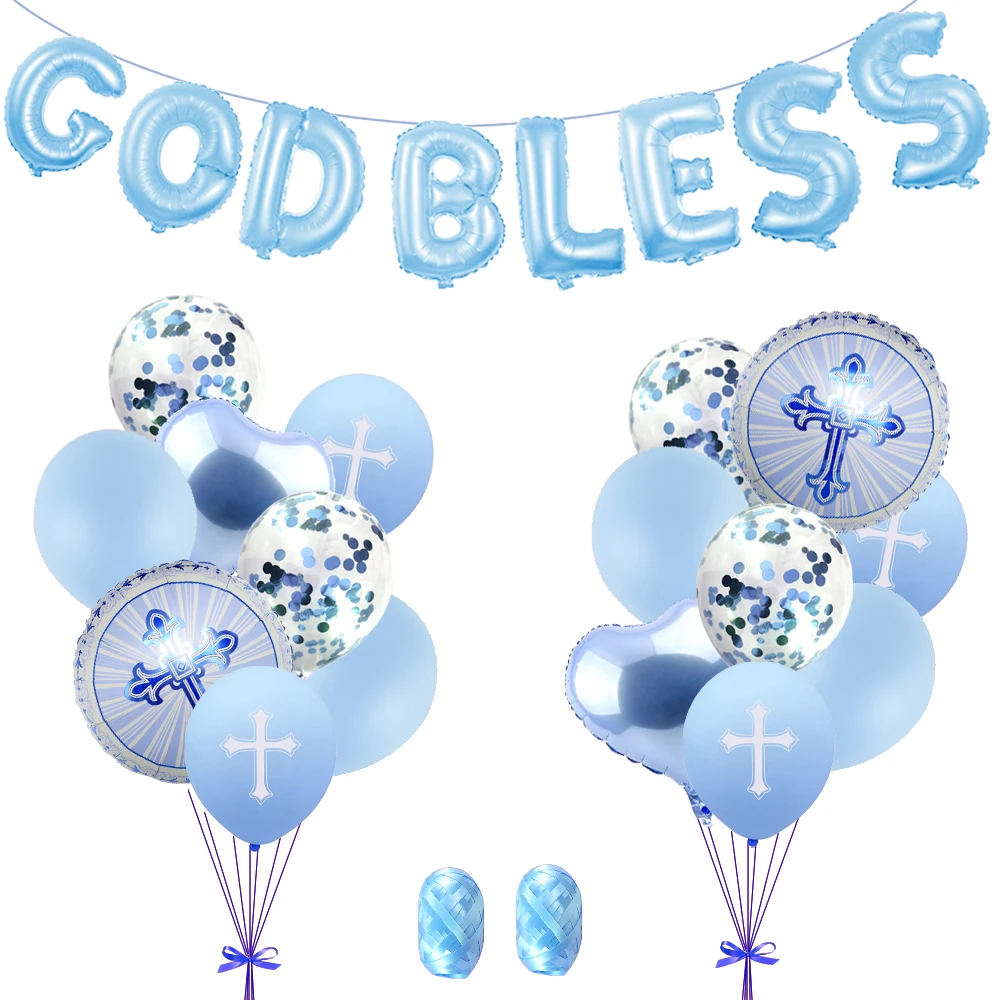 God Bless Baptism Banner by WATINC Communion Party Banner Baby Shower Party First Communion Blue Christening Decoration Kit for Wedding
