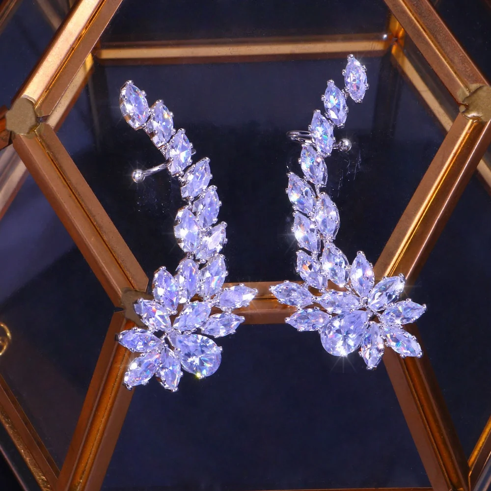 

Luxury Minimalist Classic Bridal Jewelry Leaf Cubic Zirconia Ear Climber Cuff Stud Earrings Bling CZ Wedding Earrings