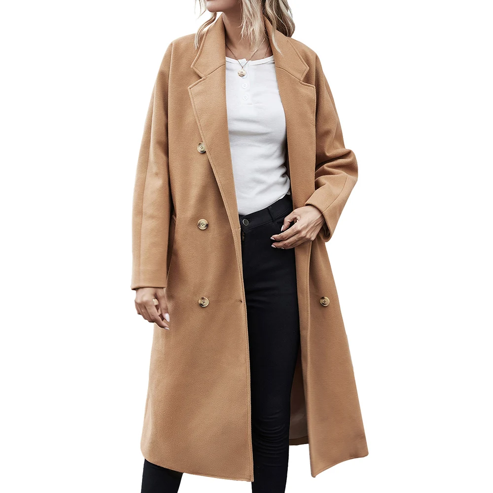 

Women's Autumn Winter Mid Length Cardigan Solid Color Long Sleeve Double Breasted Loose Coat, As show